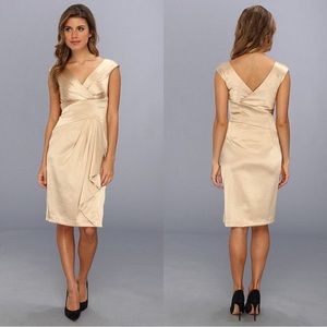 Maggy London Gold Metallic Crepe Side Drape Midi V-Neck Dress Size 10 NWOT